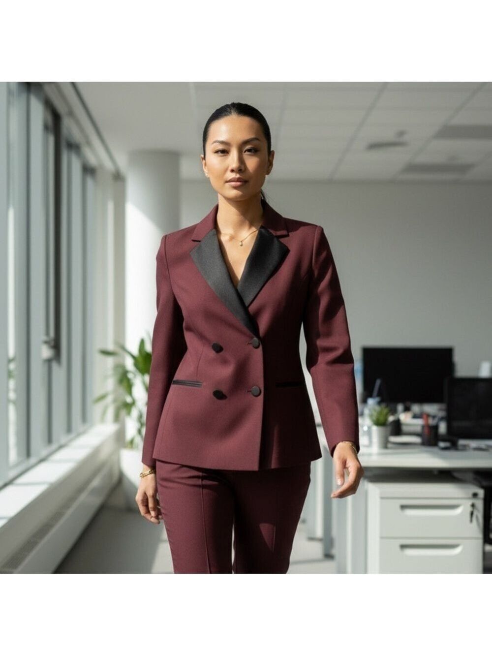 ZARA Women’s Tuxedo Double Breasted Blazer Jacket Cabernet Burgundy Sz Large